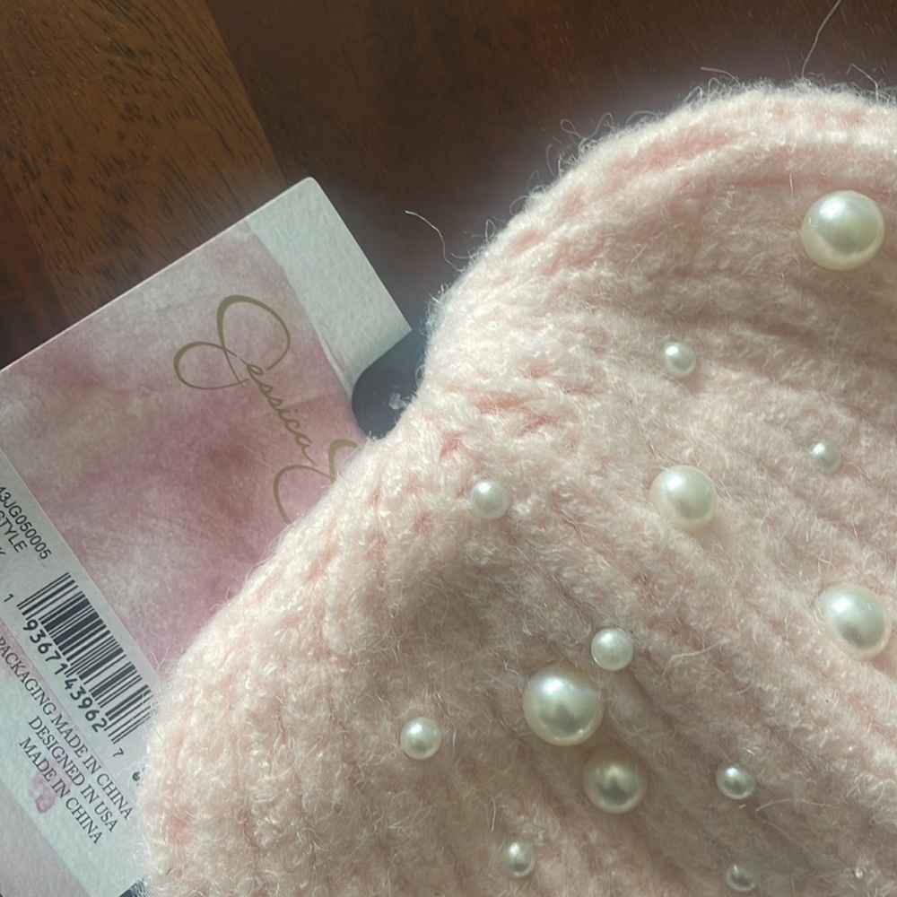 Jessica Simpson hat Women Pink White Pearl Knit Cuffed Beanie Hat New size OSFM - Picture 5 of 6